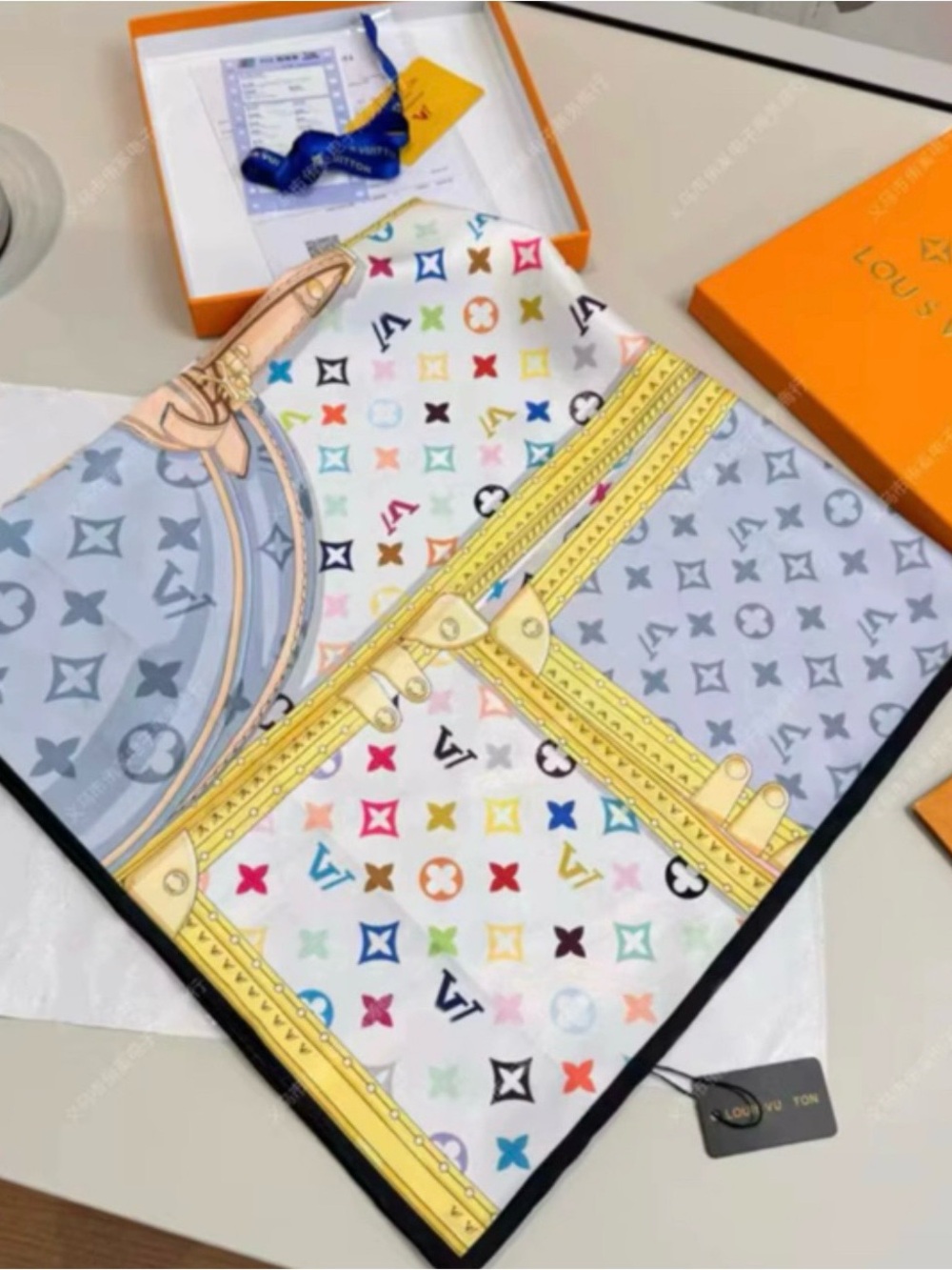 Louis Vuitton Multicolor Monogram Silk Scarf - White, Yellow, Blue, Gray